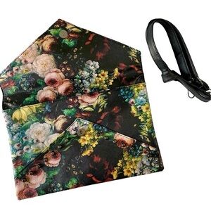Floral Retro Faux Leather 13 inch Studded Envelope Clutch Detachable Strap